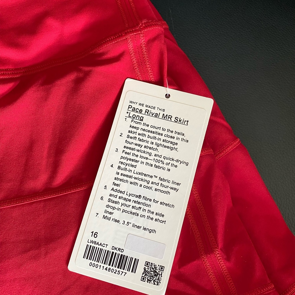 Lululemon Tennis Skirt, NWT, Red, Size 16